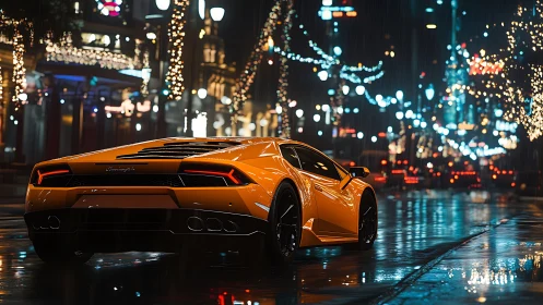 Photoreal supercar nocturne in rain-soaked city boulevard.