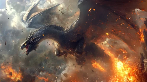 Storm of embers around rampaging fire dragon in battle.