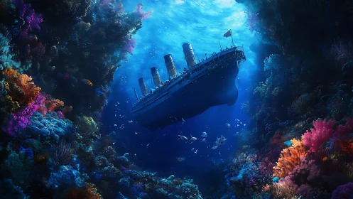 Sunken ocean liner drifts through a glowing coral canyon.