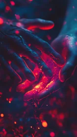 Glowing hands trading sparks in a dreamy neon twilight.