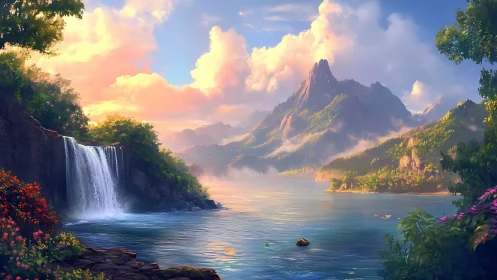 Mountain lake landscape with waterfall and cloud formations.
