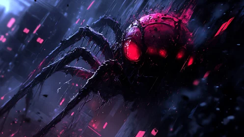 Neon nightmare spider drips across a rain‑soaked skyline.
