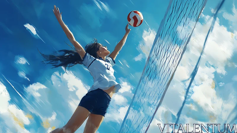 Volleyball player jumps high to spike ball over outdoor net