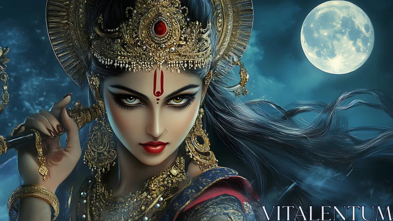 Moonlit goddess with flowing hair and fierce golden gaze.