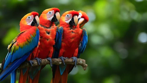 Vibrant Scarlet Macaws Perched on Branch in Lush Nature Photography.