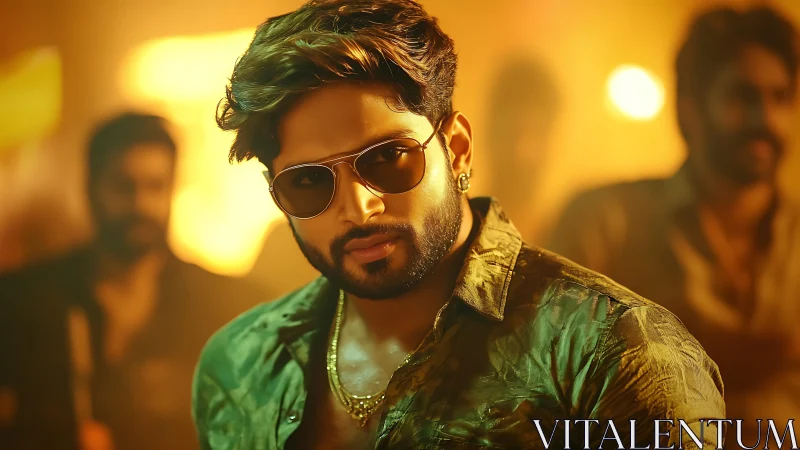 Stylish man in sunglasses under warm nightclub lighting.