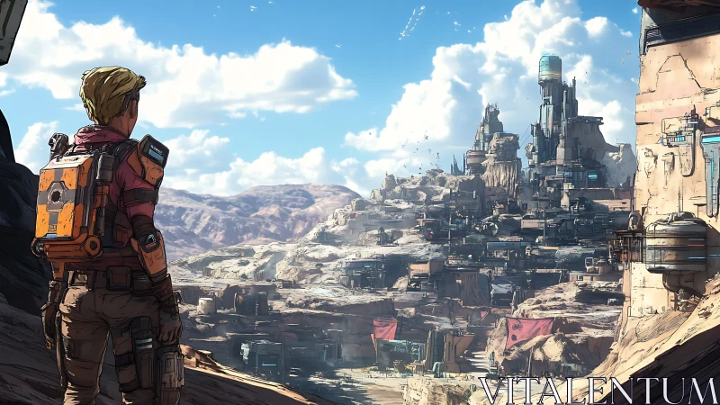 Explorer observes fortified settlement across arid canyon