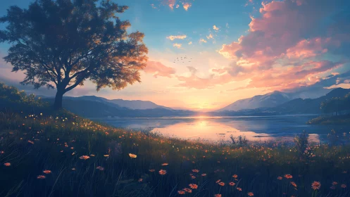 Lakeside meadow under sunset sky with distant mountains.