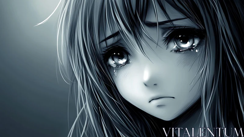 Sad anime girl close-up with teary eyes in grayscale art.