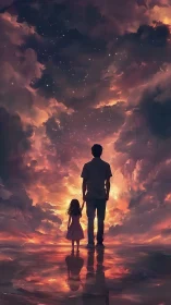 Silhouetted pair under glowing cloud-filled night sky.