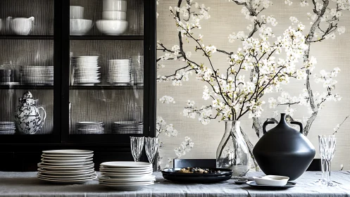 Dining sideboard displays white tableware and spring branches