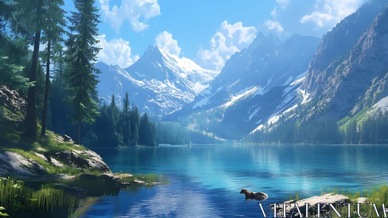 Quiet dog afloat on glacial-blue lake beneath alpine giants.