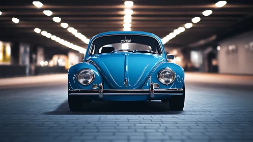Symmetric frontal study of blue vintage compact car in tunnel.