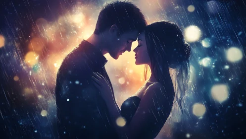 Silhouetted Figures in Rain with Bokeh Light Diffusion