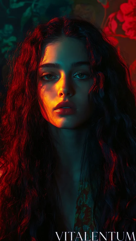 Portrait of woman in dual-color dramatic lighting setup.