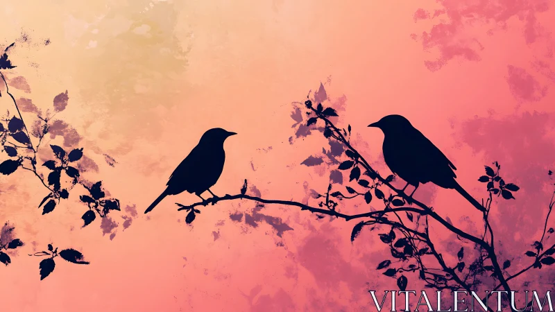 Silhouetted passerine pair on chromatic gradient canopy.