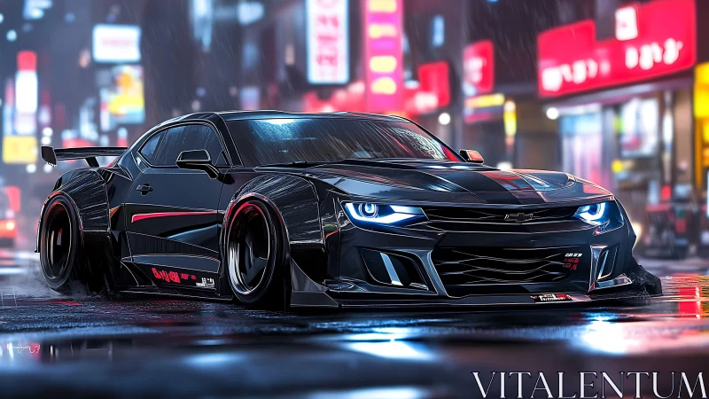 Widebody black muscle car in neon-lit rainy urban street scene
