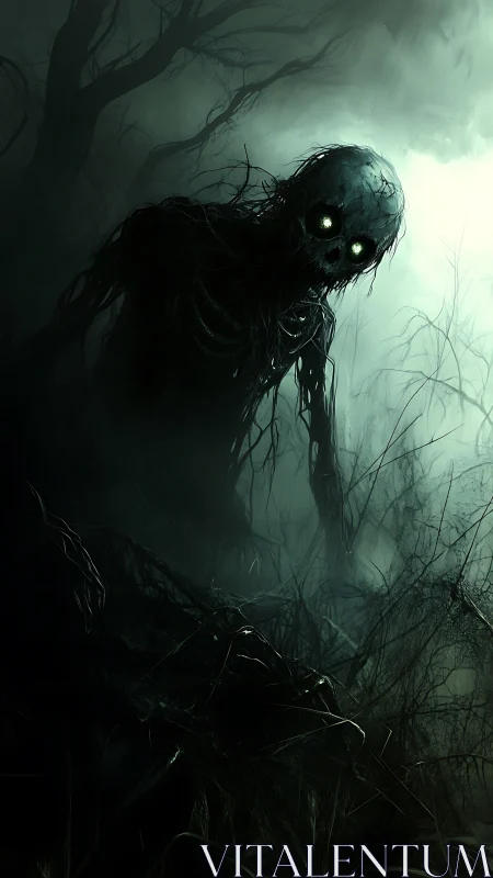 Skeletal forest entity in dense mist and tangled branches.