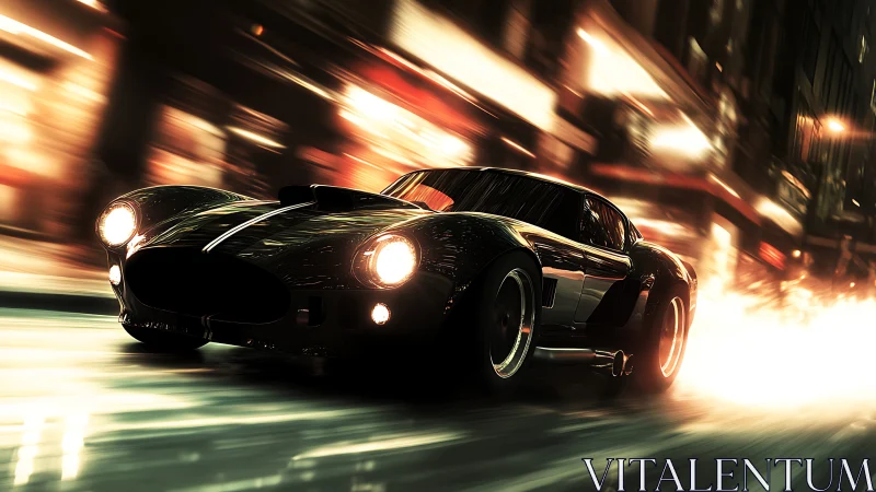 Midnight sports car powers through neon city streets at speed.