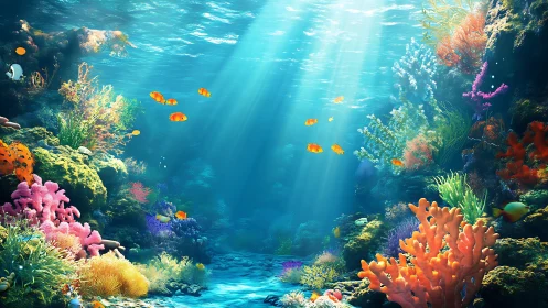 Coral reef ecosystem under clear water with tropical fish.