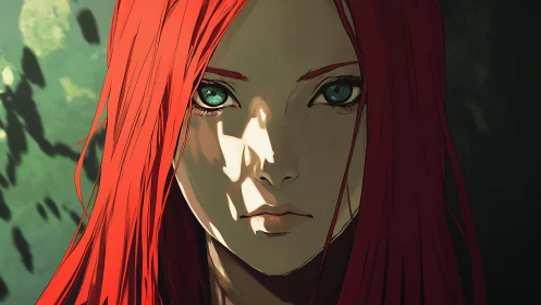 Fiery red haired heroine under dramatic forest light.