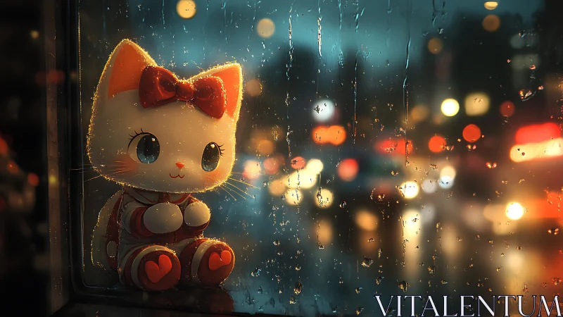 Digital painting of plush cat at rainy city window at night.