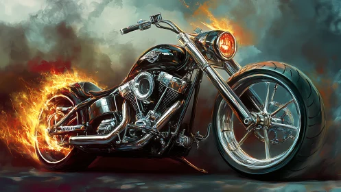 Custom chopper motorcycle rendered with dynamic flaming effects