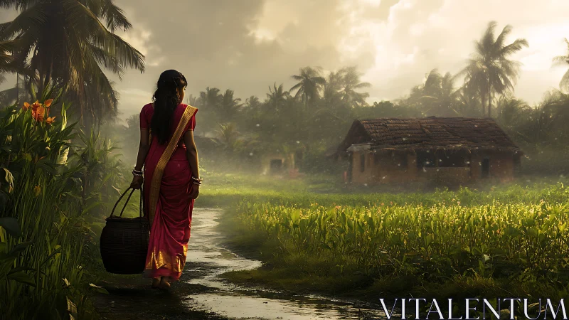 Village woman in red sari walking toward rural house at dusk.