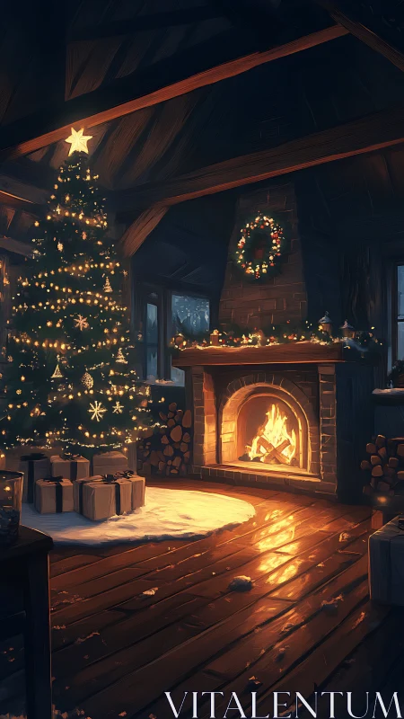 Firelit cabin Christmas glow with tree, wreath and gifts.