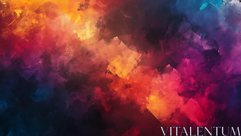 Vivid abstract painting with bold brushstrokes in warm and cool tones.