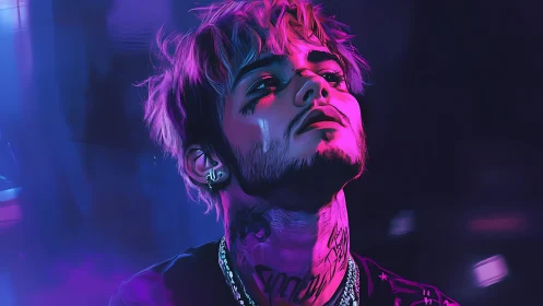 Neon-lit portrait of tattooed young man in magenta blue glow.