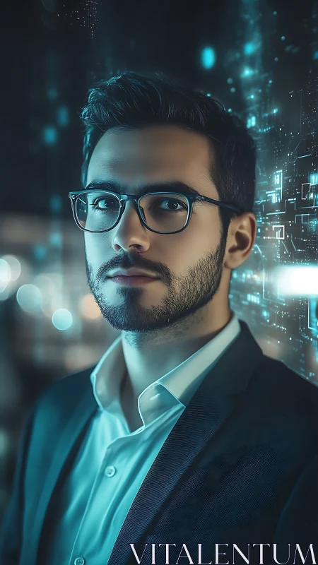 Tech-savvy professional stands in neon data glow at night.