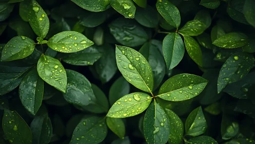 Green leaves with rain droplets in close natural focus.