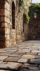 Sunlit stone alley with rustic wall and cobbled path.