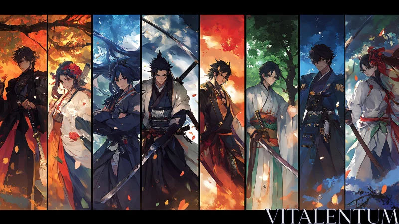 Samurai warriors aligned with seasonal elemental panels.