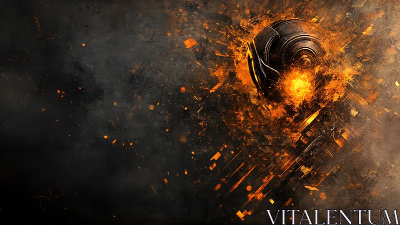 Exploding cybernetic skull erupts in molten orange light