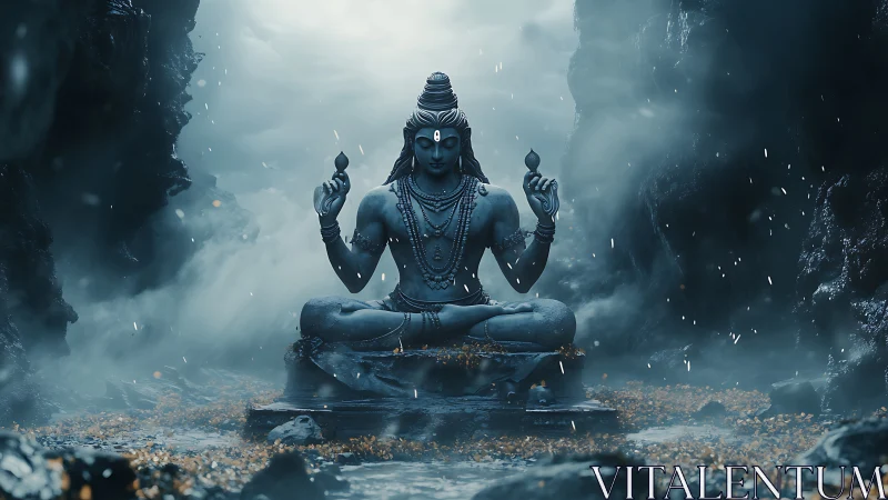 Serene Shiva statue meditates in misty rocky mountain cave