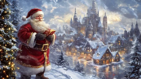 Santa reads list beside illuminated snowy fantasy citadel.