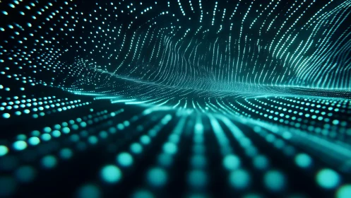 Abstract digital landscape with glowing teal dots and waves.
