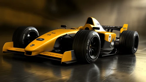 Yellow single seater racing car on reflective surface indoors.