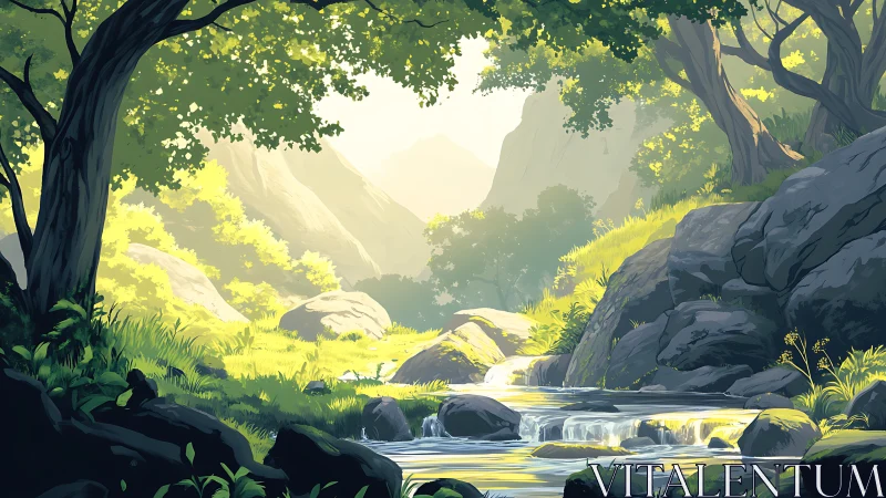 Forest Valley with Stream and Sunlit Canopy