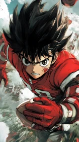 Gridiron comet boy charges through chaos in blazing red.