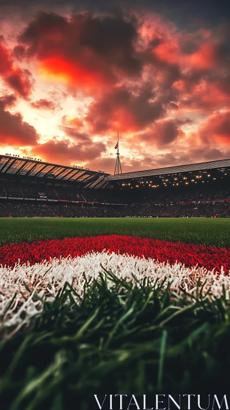 Football pitch close-up under dramatic sunset sky.