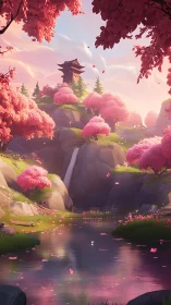 Cherry blossom valley with pagoda, waterfall and river