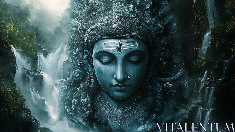 Digital blue stone deity head integrates with waterfall cliffs