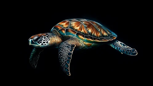 Glowing sea turtle drifts gently through the quiet dark sea