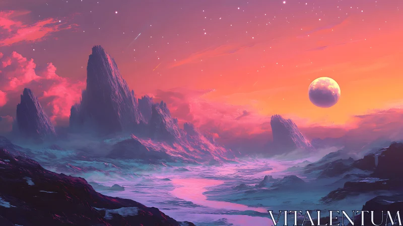 Distant moon rises above stratified alien mountain landscape