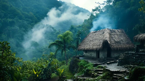 Misty rainforest valley with thatched stone hut at dawn.