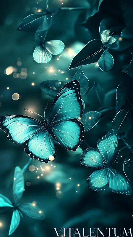Bioluminescent teal butterflies in shallow-depth bokeh forest field