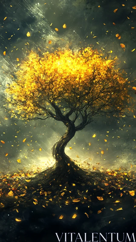 Digital painting of golden autumn tree in dynamic swirling light.